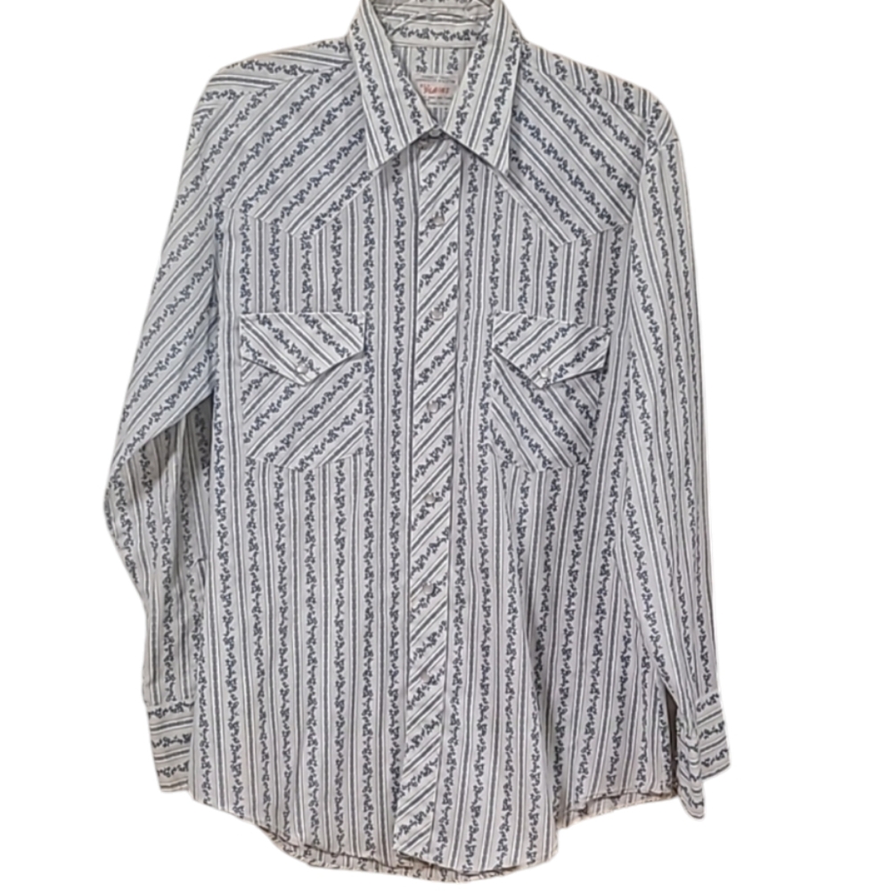 VTG Western Blue White Pearl Snap Shirt Cowboy Ranch Country Rodeo Ely Plains